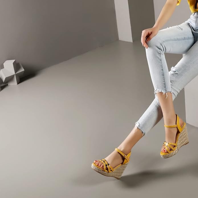 VOKLIN Women's Casual Espadrilles Wedge Sandals Open Toe Ankle Strap Metallic Chunky Platform Dressy Sandal