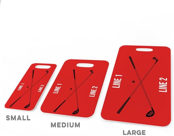ChalkTalkSPORTS Golf Luggage & Bag Tag | Personalized Crossed Golf Clubs | Standard Lines on Back | Large | Red/Black