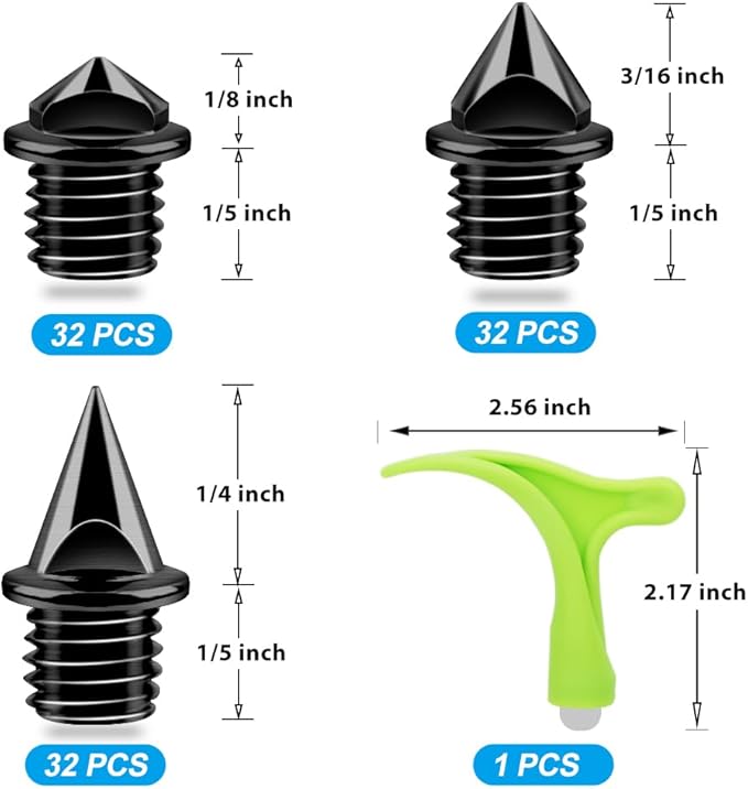 96PCS Alloy Steel Track Spikes, 32pcs 1/8in + 32pcs 3/16in + 32pcs 1/4in Track and Cross Country Spikes Golf Shoe Spike with Spike Wrench, Replacement for Sprint Sports Short Running