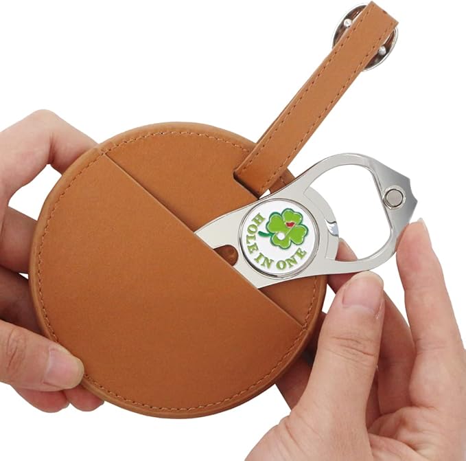 Leather Golf Tees Holder with 5 PCS Wooden Golf Tees 3-1/4 Inch Hook to Golf Bag Belt Clip for Golf Bag
