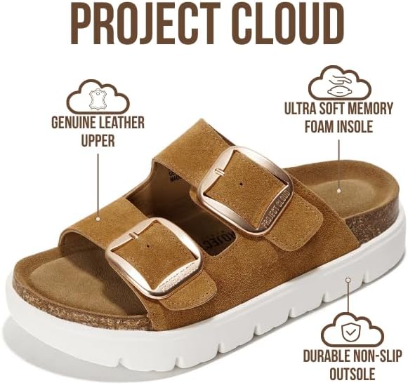 Project Cloud Genuine Leather Platform Sandals Women Footwear - Wedge Chunky Sandals Womens sandals with Memory Foam Insole and Cork Footbed (GREECECHUNKY)