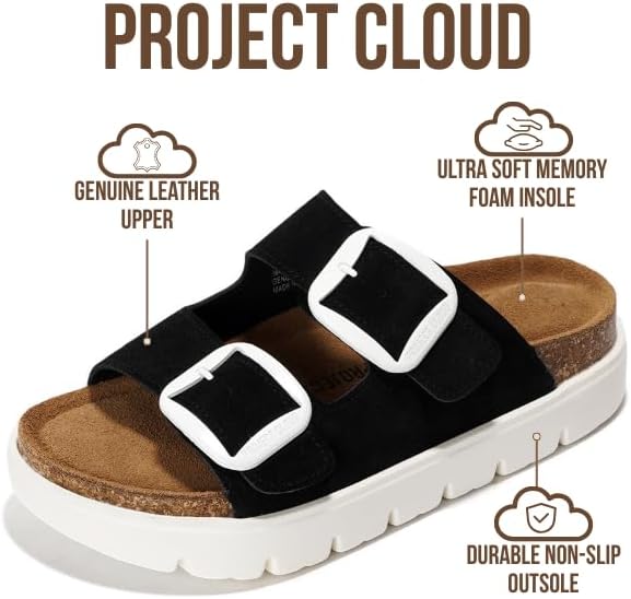 Project Cloud Genuine Leather Platform Sandals Women Footwear - Wedge Chunky Sandals Womens sandals with Memory Foam Insole and Cork Footbed (GREECECHUNKY)