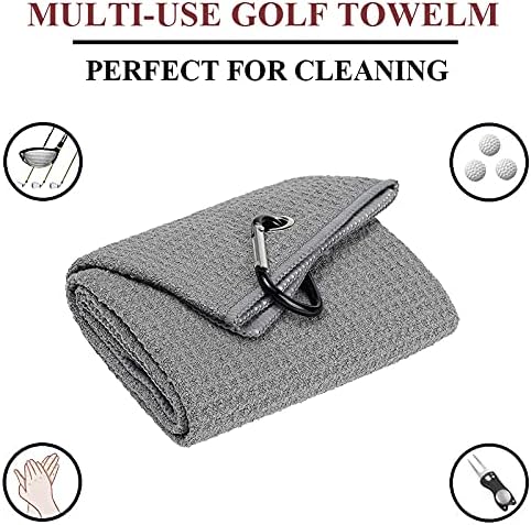 VIVIDLY 2 Pack 16" x 24" Tri-fold Golf Towels, Premium Microfiber Fabric Waffle Pattern with Gray Heavy Duty Carabiner Clip, Orange Golf Towels for Golf Bags for Men (Gray)