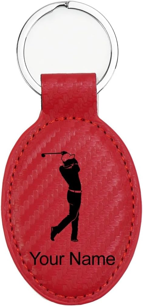 LaserGram Oval Keychain, Golfer Golfing, Personalized Engraving Included (Carbon Fiber Red)