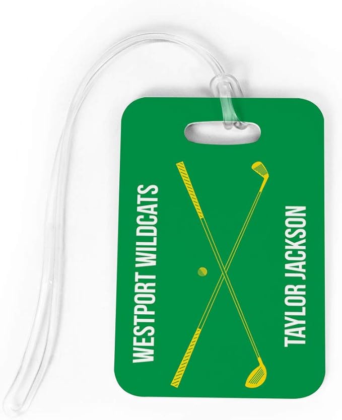 ChalkTalkSPORTS Golf Luggage & Bag Tag | Personalized Crossed Golf Clubs | Standard Lines on Back | Large | Green/Yellow