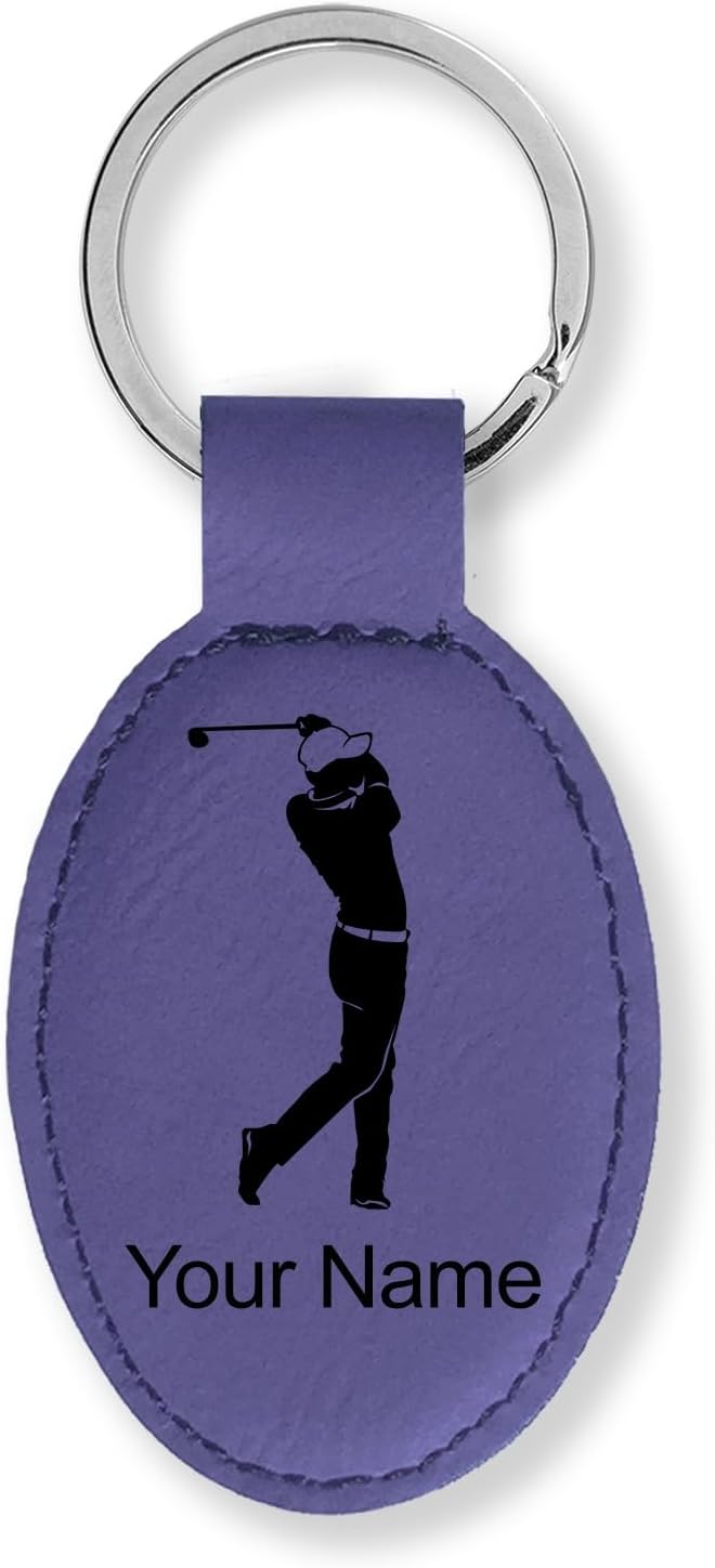 LaserGram Oval Keychain, Golfer Golfing, Personalized Engraving Included (Dark Purple)