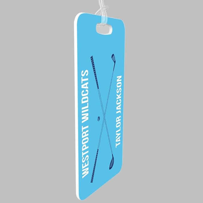 ChalkTalkSPORTS Golf Luggage & Bag Tag | Personalized Crossed Golf Clubs | Standard Lines on Back | Small | Carolina/Navy