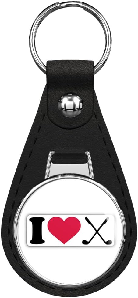 I Love Golf Label Black Leather Key Chain Keychain Silver Ring