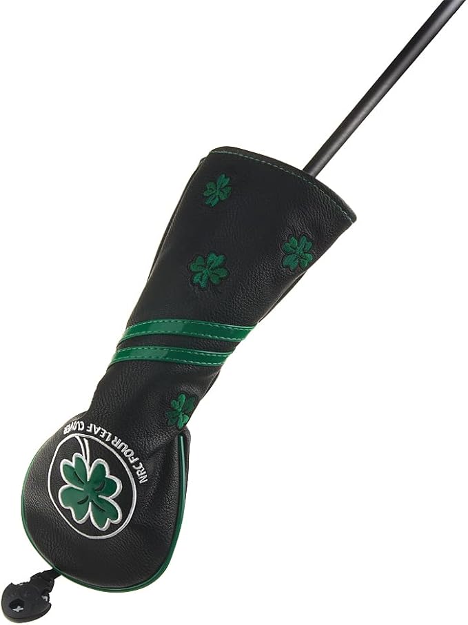 GOOACTION Golf Club Fairway Wood Head Cover with Green Lucky Four-Leaf Clover Creative Embroidery Pattern Synthetic Leather Black Golf Clubs Headcovers (2.3.4.5.7.X)