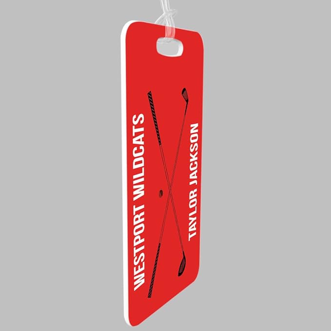 ChalkTalkSPORTS Golf Luggage & Bag Tag | Personalized Crossed Golf Clubs | Standard Lines on Back | Large | Red/Black
