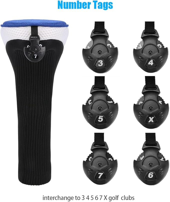 Lybile Golf Club Head Covers for Fairway Woods Driver Hybrids, 4Pcs Long Neck Mesh Golf Club Headcovers Set with Interchangeable No. Tags 3 4 5 6 7 X (Blue)