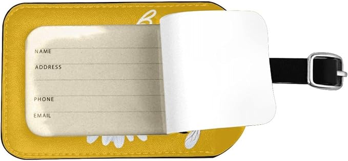 White Daisy Luggage Tag for Suitcases,Inspirational Quote Bee Happy Yellow PU Leather Baggage Tags Bag Tags Travel Id Label for Luggage Women Men -1 Piece