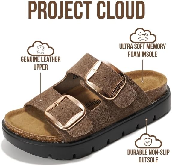 Project Cloud Genuine Leather Platform Sandals Women Footwear - Wedge Chunky Sandals Womens sandals with Memory Foam Insole and Cork Footbed (GREECECHUNKY)