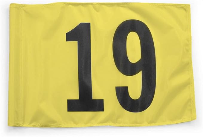 Vispronet Numbered Golf Flags for Putting Green – 20in x 14in Yellow & Black Flags Numbered 19, Golf Range Accessories for Courses, Outdoor Hole Flag, Durable Polyester Material