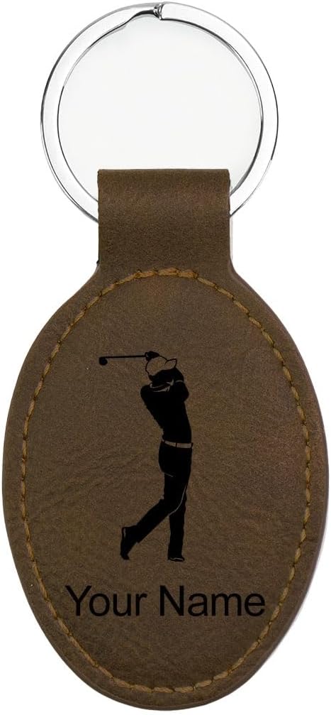 LaserGram Oval Keychain, Golfer Golfing, Personalized Engraving Included (Chocolate Brown)