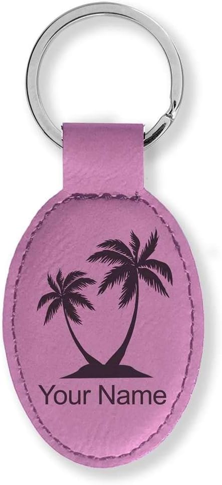 LaserGram Oval Keychain, Palm Trees, Personalized Engraving Included (Pink)