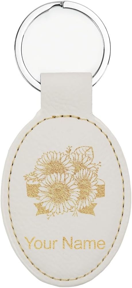 LaserGram Oval Keychain, Sunflowers, Personalized Engraving Included