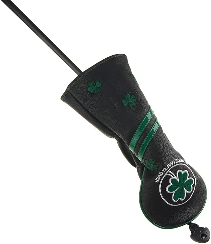 GOOACTION Golf Club Fairway Wood Head Cover with Green Lucky Four-Leaf Clover Creative Embroidery Pattern Synthetic Leather Black Golf Clubs Headcovers (2.3.4.5.7.X)