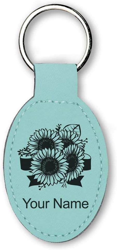 LaserGram Oval Keychain, Sunflowers, Personalized Engraving Included