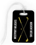 ChalkTalkSPORTS Golf Luggage & Bag Tag | Personalized Crossed Golf Clubs | Standard Lines on Back | Medium | Black/Yellow