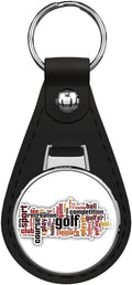 Golf Word Cloud Black Leather Key Chain Keychain Silver Ring