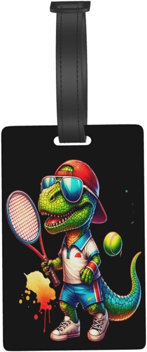 Tyrannosaurus Rex Playing Tennis Luggage Tag Suitcase Identify Labels Personalized Travel Bag Tag 2.5X4.1Inch