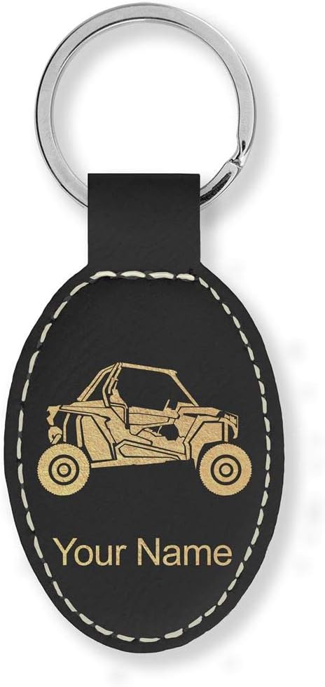 LaserGram Oval Keychain, Off Road Racer, Personalized Engraving Included (Black with Gold)