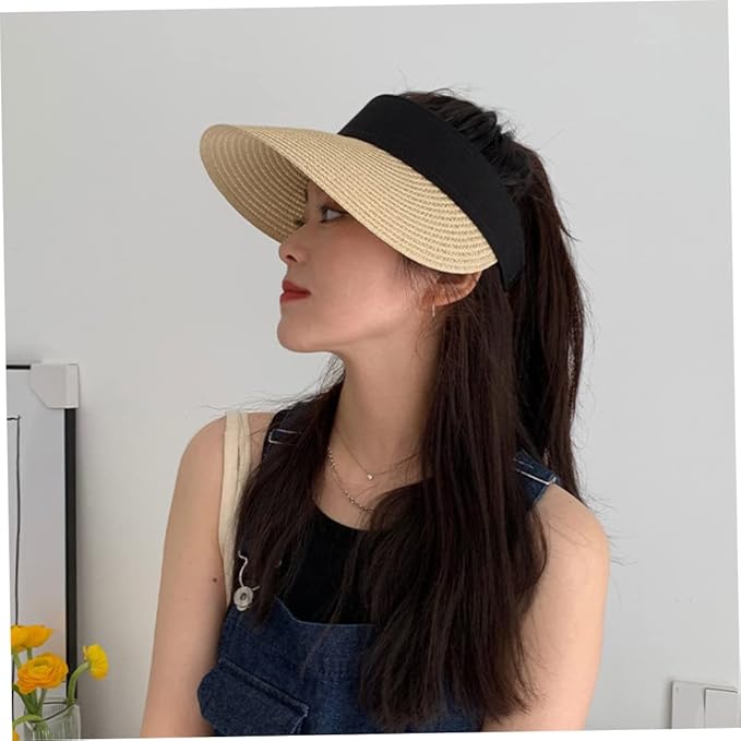 Women Straw Sun Visor Hat Wide Brim Summer UV Protection Beach Cap Foldable Packale Korean Style
