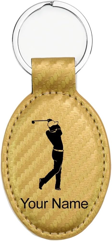 LaserGram Oval Keychain, Golfer Golfing, Personalized Engraving Included (Carbon Fiber Gold)