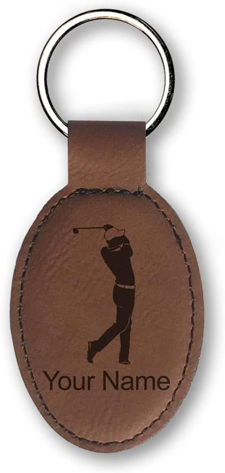 LaserGram Oval Keychain, Golfer Golfing, Personalized Engraving Included (Dark Brown)