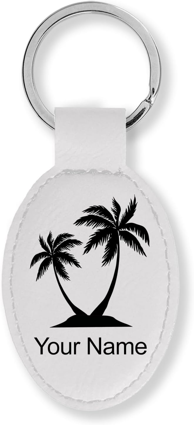 LaserGram Oval Keychain, Palm Trees, Personalized Engraving Included (White)