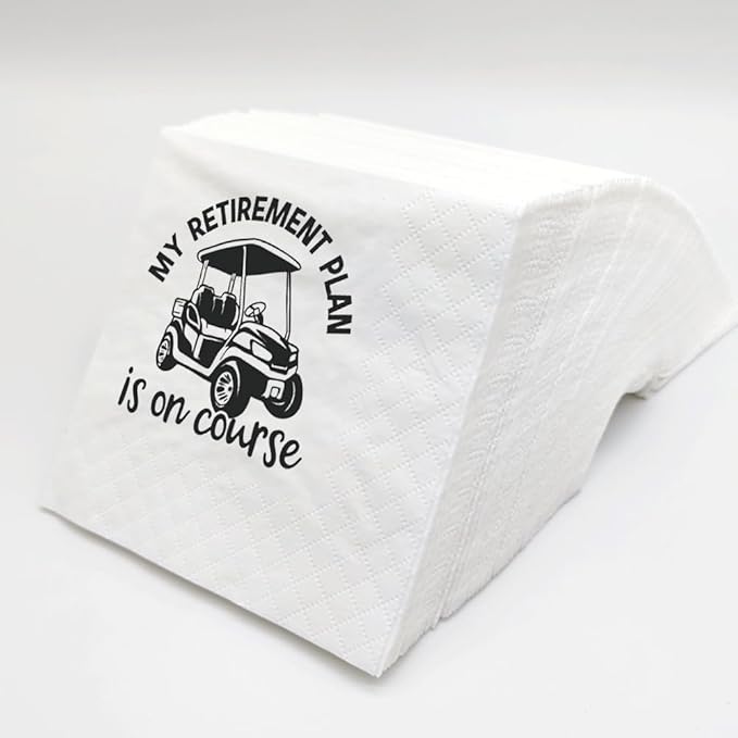 SharkBliss Funny Sarcastic Golf Quotes Cocktail Napkins, 100 Pack My Retirement Plan Is On Course Disposable Paper Cocktail Napkins For Retirement Party 2-Ply, 5x5" (Retire Plan On Course)