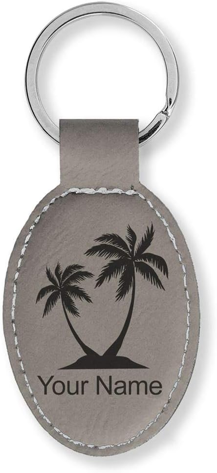 LaserGram Oval Keychain, Palm Trees, Personalized Engraving Included (Gray)
