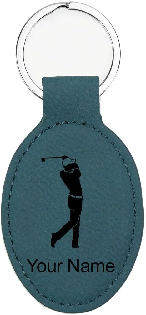 LaserGram Oval Keychain, Golfer Golfing, Personalized Engraving Included (Slate Blue)