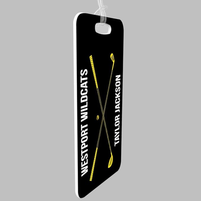 ChalkTalkSPORTS Golf Luggage & Bag Tag | Personalized Crossed Golf Clubs | Standard Lines on Back | Large | Black/Yellow
