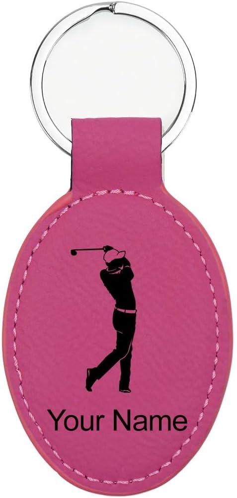 LaserGram Oval Keychain, Golfer Golfing, Personalized Engraving Included (Hot Pink)