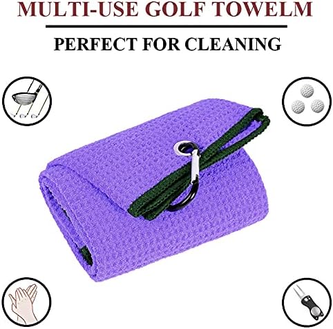 VIVIDLY 2 Pack Tri-fold Golf Towels, Premium Microfiber Fabric Waffle Pattern with Black Heavy Duty Carabiner Clip, Purple Golf Towels for Golf Bags for Men (Purple)