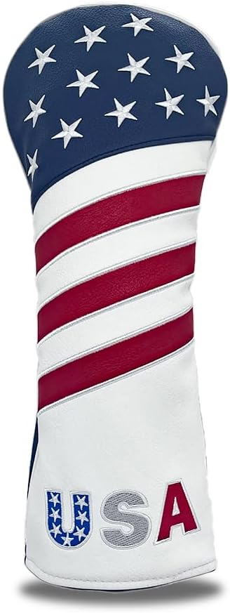Golf American Style Head Cover Golf Club Blue and White Leather Headcovers Set Fits Driver Fairway Wood Hybrid Utility Putter Iron Wedge Headcover.
