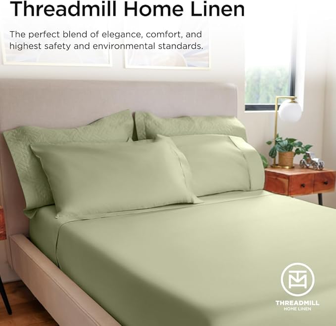 Threadmill Luxury 800 Thread Count California King 100% Cotton Sheets - Sage Green Sateen Weave Bed-Sheets, Better Than Egyptian Cotton, 4 Pc Solid Bed Set, Fits 16" Deep Pocket