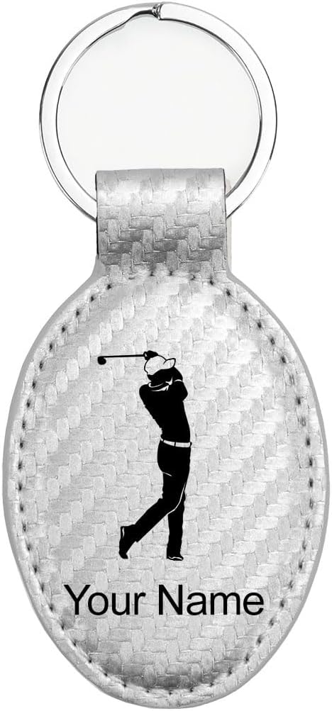 LaserGram Oval Keychain, Golfer Golfing, Personalized Engraving Included (Carbon Fiber Silver)