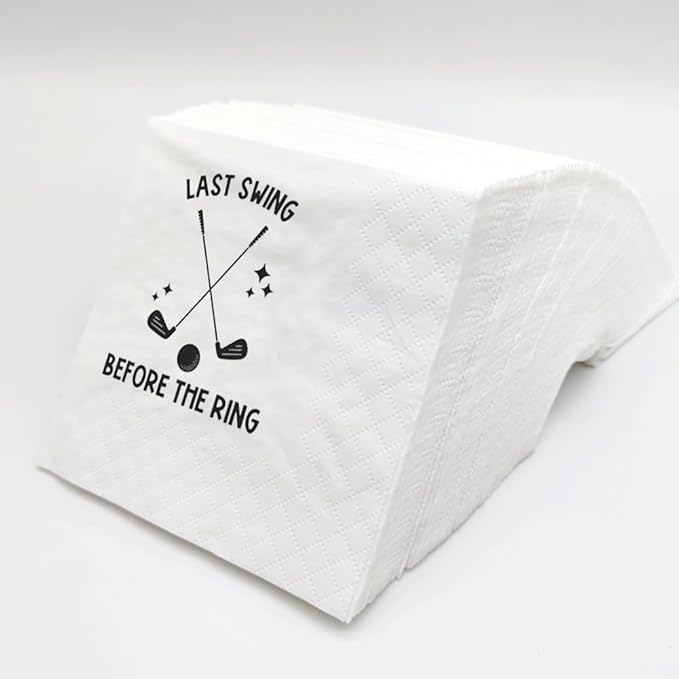 SharkBliss Funny Sarcastic Golf Quotes Cocktail Napkins, 100 Pack Last Swing Before The Ring Cocktail Napkins For Engagement Bachelor Wedding Rehearsal Dinner Party 2-Ply, 5x5" (Last Swing Ring)