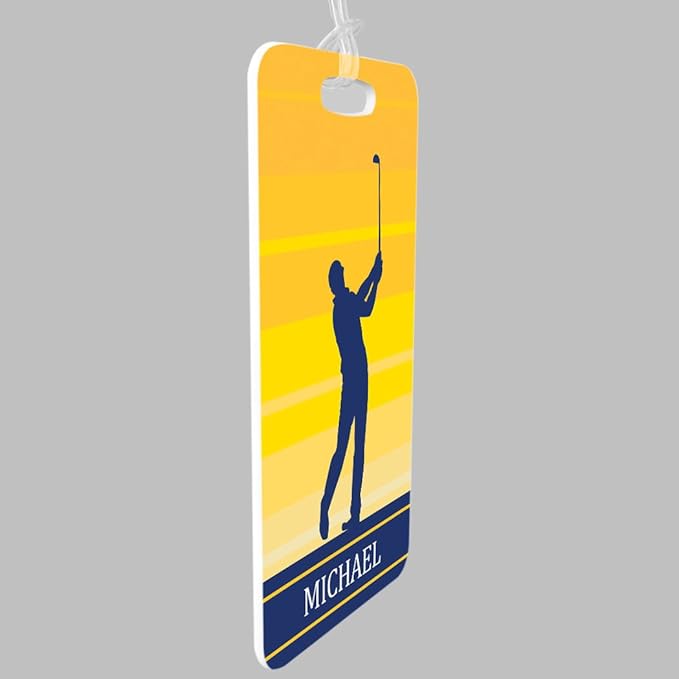 ChalkTalkSPORTS Golf Luggage & Bag Tag | Personalized Male Golfer | Standard Lines on Back | Small | Yellow