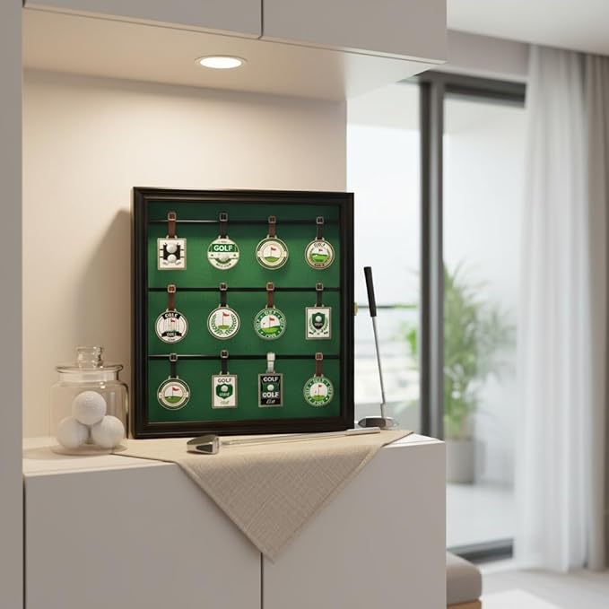 DisplayGifts Golf Bag Tag Display Case, UV-Protected Acrylic Wall-Mount Shadow Box with Green Felt Backing, Collector Cabinet for Personalized Golf Club Tags, 16 x 15.3 x 1.85 Inches, Black Finish