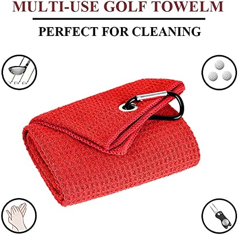 VIVIDLY 2 Pack Tri-fold Golf Towels, Premium Microfiber Fabric Waffle Pattern with Black Heavy Duty Carabiner Clip, Red Golf Towels for Golf Bags for Men (Red)