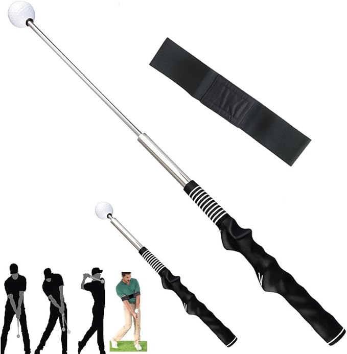 Golf Swing Training Aid Set- Retractable Golf Grip Swing Trainer& Arm Band, Indoor Outdoor Golf Practice Warm Up Stick