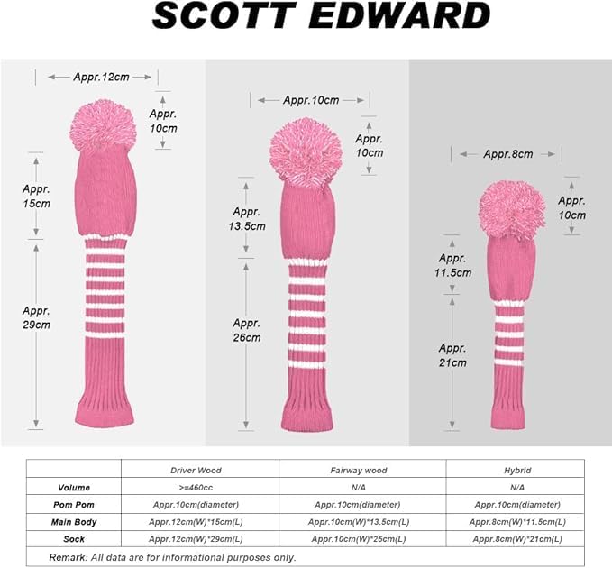 Scott Edward 1/3/4PCS Multi-Style Optional Individualized Knit Golf Club Head Covers, Driver Wood(460cc) Fairway Wood and Hybrid(UT)，for Male/Female Golfers,Custom