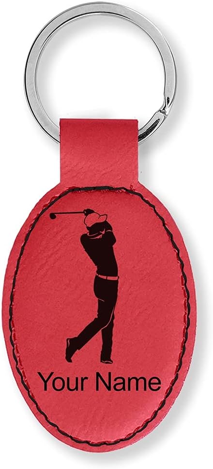 LaserGram Oval Keychain, Golfer Golfing, Personalized Engraving Included (Red)