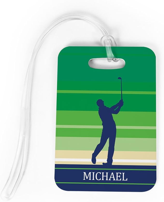 ChalkTalkSPORTS Golf Luggage & Bag Tag | Personalized Male Golfer | Standard Lines on Back | Medium | Green