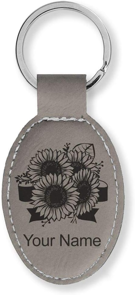LaserGram Oval Keychain, Sunflowers, Personalized Engraving Included
