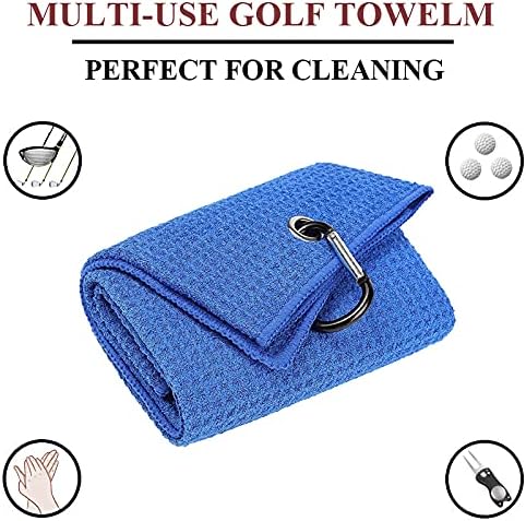 VIVIDLY 2 Pack Tri-fold Golf Towels, Premium Microfiber Fabric Waffle Pattern with Black Heavy Duty Carabiner Clip, Blue Golf Towels for Golf Bags for Men (Blue)